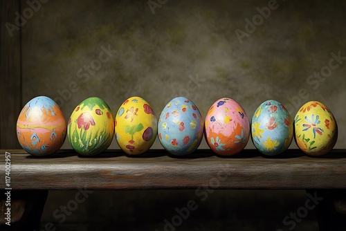 A row of colorful, hand-painted Easter eggs displayed on a wooden surface.