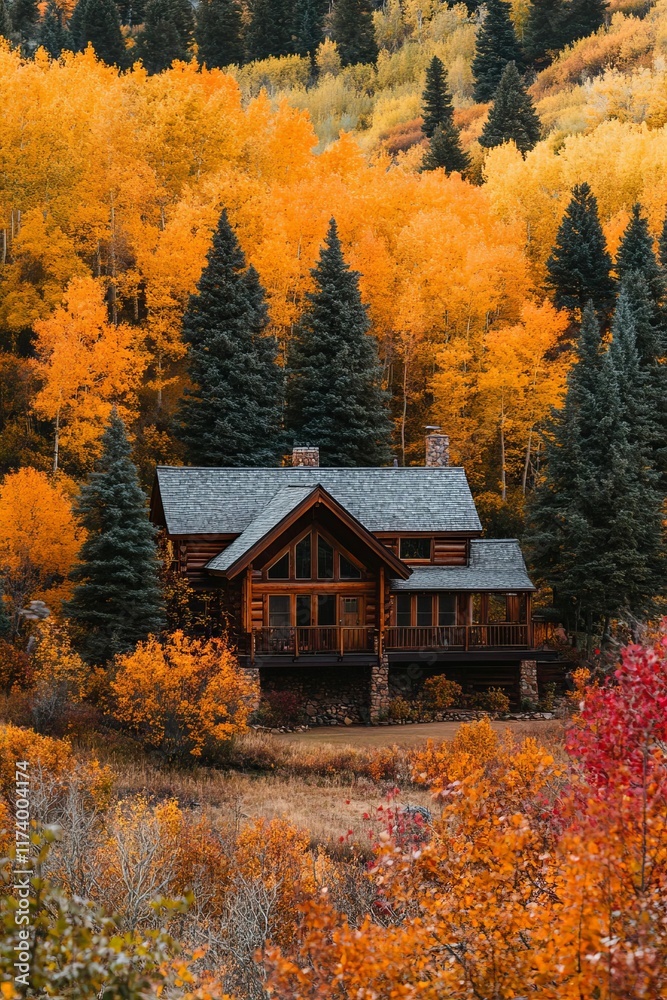 Wooden cabin nestled in vibrant autumn foliage. Wooden cabin nestled in vibrant autumn foliage.