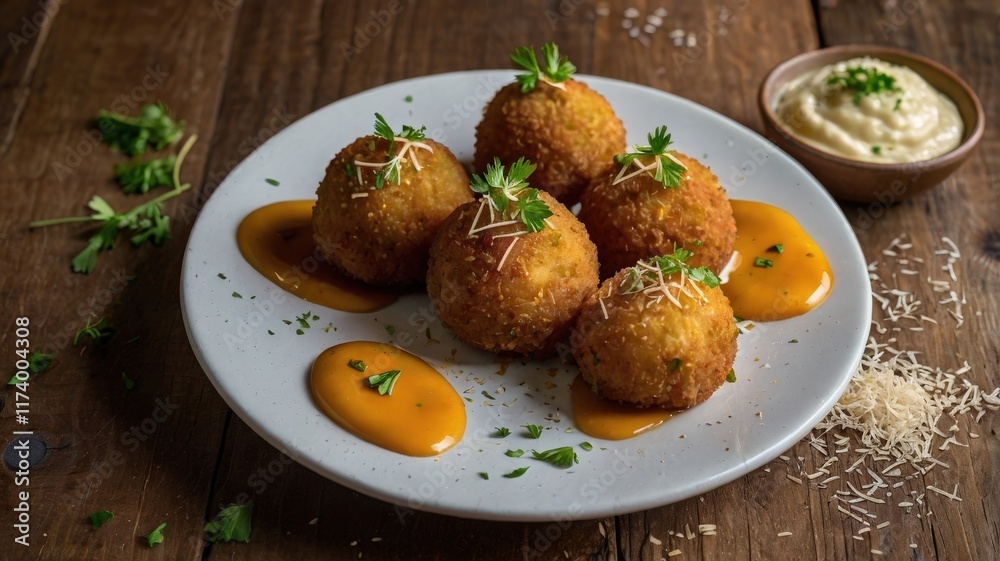 Homemade Deep-Fried Risotto Arancini with Marinara Sauce and Garlic Aioli Homemade Deep-Fried Risotto Arancini with Marinara Sauce and Garlic Aioli