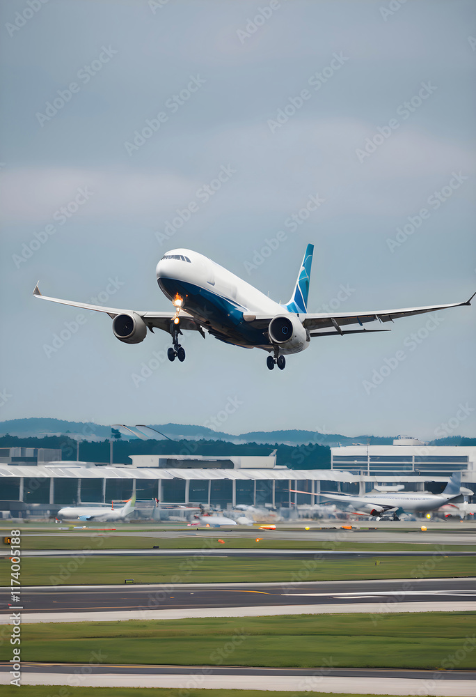 Airplane landing on runway with cloudy sky in background Airplane landing on runway with cloudy sky in background