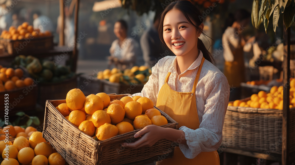 Obraz premium An Asian female grocer joyfully holds a crate of oranges, her shop showcasing neatly organized baskets of colorful produce.