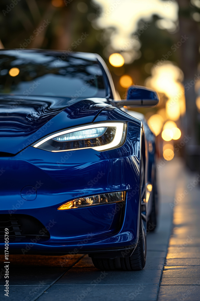 Fototapeta premium A blue sports car parked on the side of a street