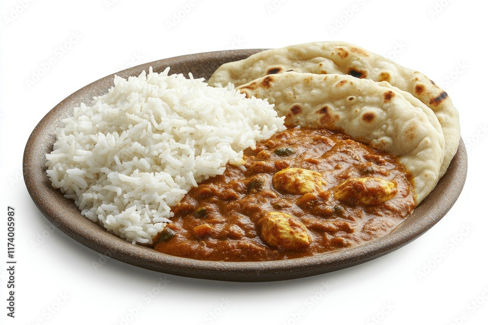Aromatic Indian butter chicken curry served with fluffy basmati rice and warm naan bread. Aromatic Indian butter chicken curry served with fluffy basmati rice and warm naan bread.
