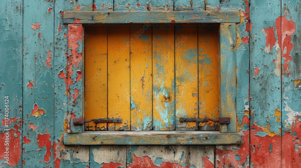 Naklejka premium A weathered wooden window with vibrant colors and peeling paint.