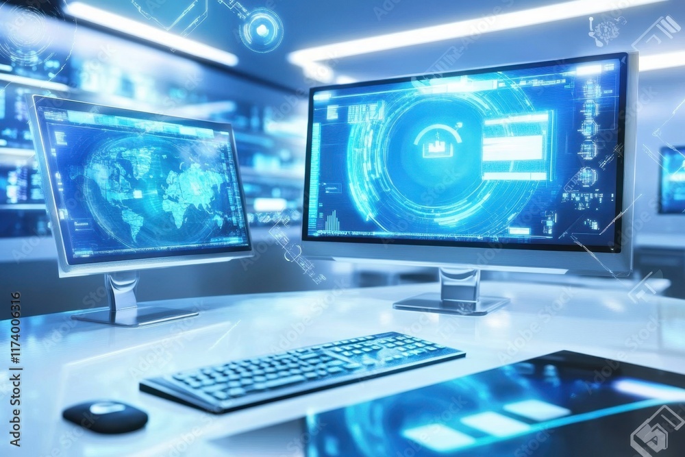 Fototapeta premium Modern workspace with dual monitors displaying data visualizations and global maps