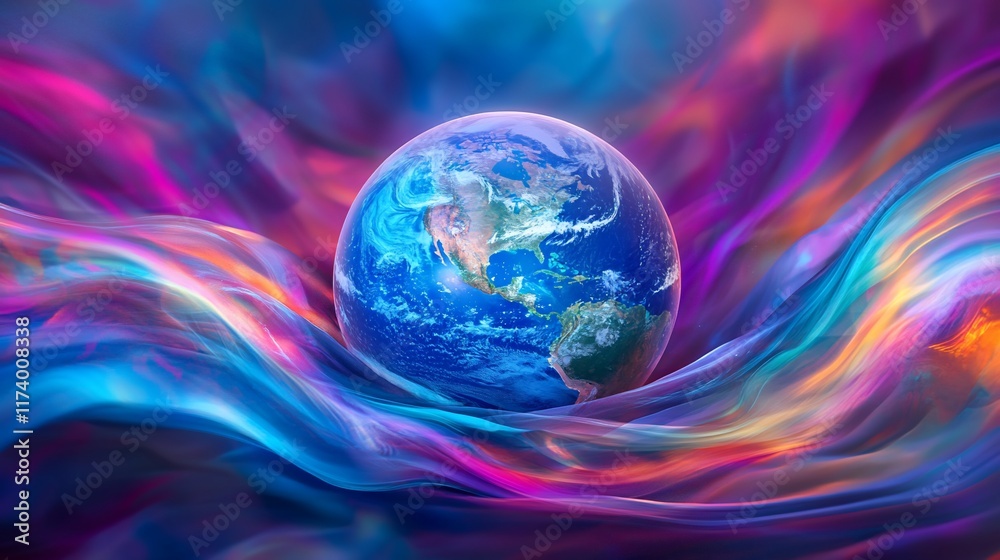 Earth nestled in vibrant, swirling nebula. Earth nestled in vibrant, swirling nebula.