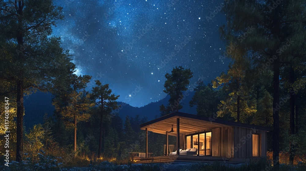 Starry night, secluded cabin, forest setting. Starry night, secluded cabin, forest setting.