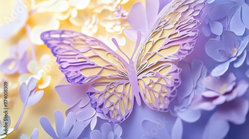 A beautifully crafted butterfly made from layered paper hovers above delicate floral patterns in soft pastel colors. The intricate details create a whimsical and serene atmosphere