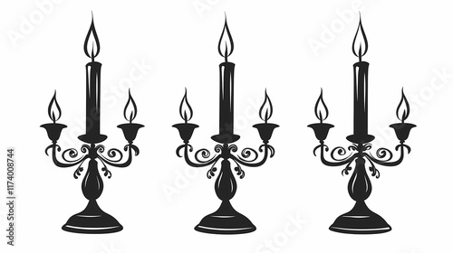 Candle silhouette with flame on white background - elegant candelabrum candlelight object with bright candescent light. Candescent. Illustration