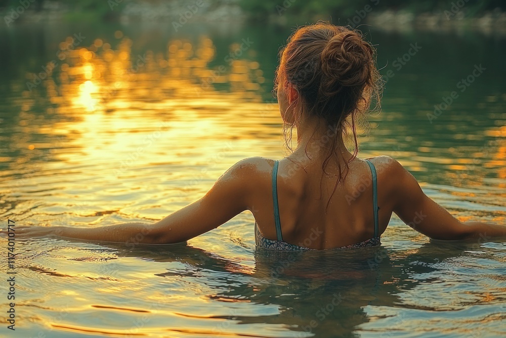 Fototapeta premium Elderly Woman Swimming in Cold Lake Winter Morning for Health and Vitality
