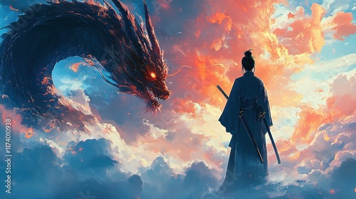 Mystical Samurai Facing Dragon in Sky with Vibrant Colors and Serene Atmosphere photo