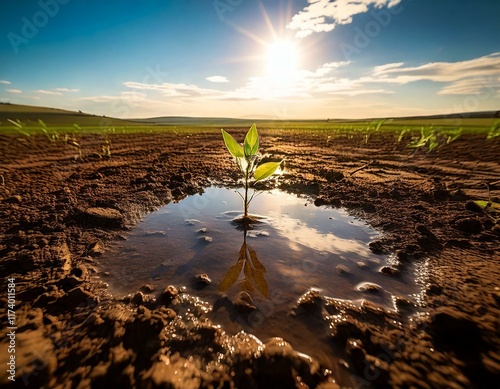 Obraz na płótnie a puddle with a seedling on a dried out field symbolizing climate change w salonie