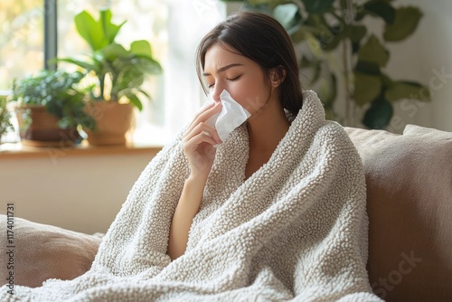 Sick woman with fever and flu symptoms wrapped in grey blanket using tissue at home