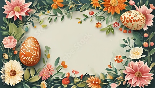 Festive Easter frame adorned with vibrant flowers and intricately decorated eggs