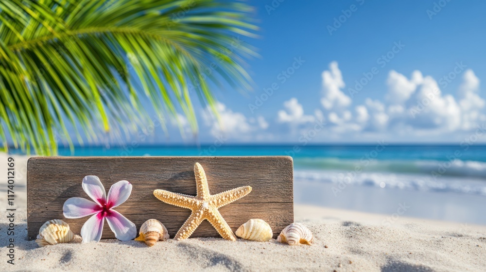 A serene beach scene with shells, a starfish, and a flower, evoking relaxation and nature. A serene beach scene with shells, a starfish, and a flower, evoking relaxation and nature.