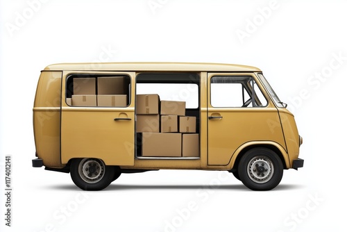 Cargo van with open backdoor and filled cardboard boxes for delivery goods isolated on white background. Copy space