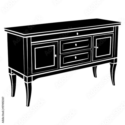 Classic Sideboard Silhouette:  A minimalist black and white illustration of a traditional sideboard, showcasing its elegant lines and timeless design. Perfect for interior design inspiration.