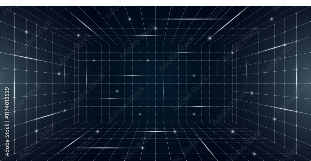 Futuristic grid box with abstract wireframe design, white lines on dark background. Retro 80s 90s digital aesthetic capturing virtual reality landscape in nostalgic futuristic style Futuristic grid box with abstract wireframe design, white lines on dark background. Retro 80s 90s digital aesthetic capturing virtual reality landscape in nostalgic futuristic style