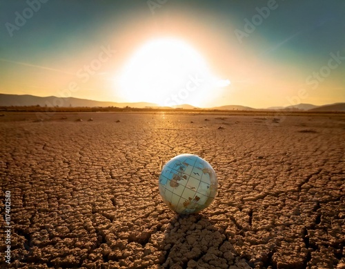 a faded globe lies on a dried up field symbolising climate change