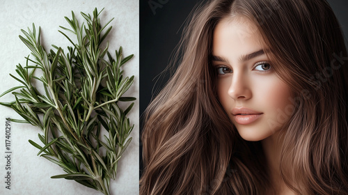 Realistic model with long hair posing for a photo, rosemary next to her hair