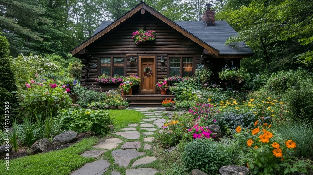 Log cabin, vibrant flowers, stone path, lush garden. Log cabin, vibrant flowers, stone path, lush garden.