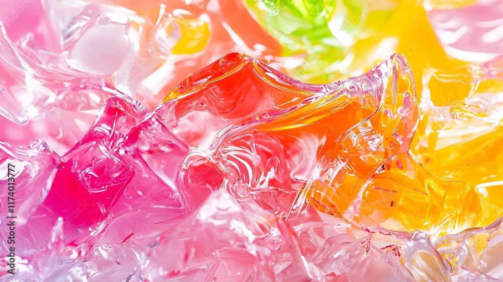 Close-up of colorful, translucent jelly cubes with varying shapes and textures. Close-up of colorful, translucent jelly cubes with varying shapes and textures.