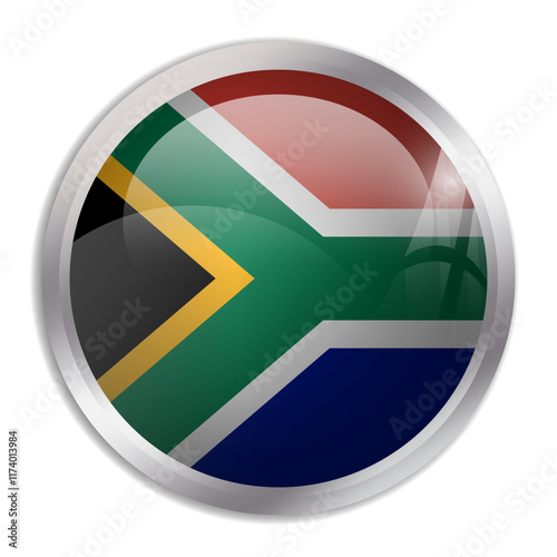 South Africa flag - glossy circle button displays a colorful flag representing a country cultural identity and heritage. The essence of national pride and unity.