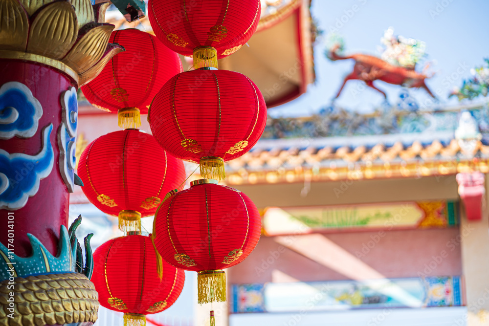 red lantern decoration for Chinese New Year Festival at Chinese shrine Ancient chinese art with the Chinese alphabet Blessings written on it Is a Fortune blessing compliment,Is a public place Thailand