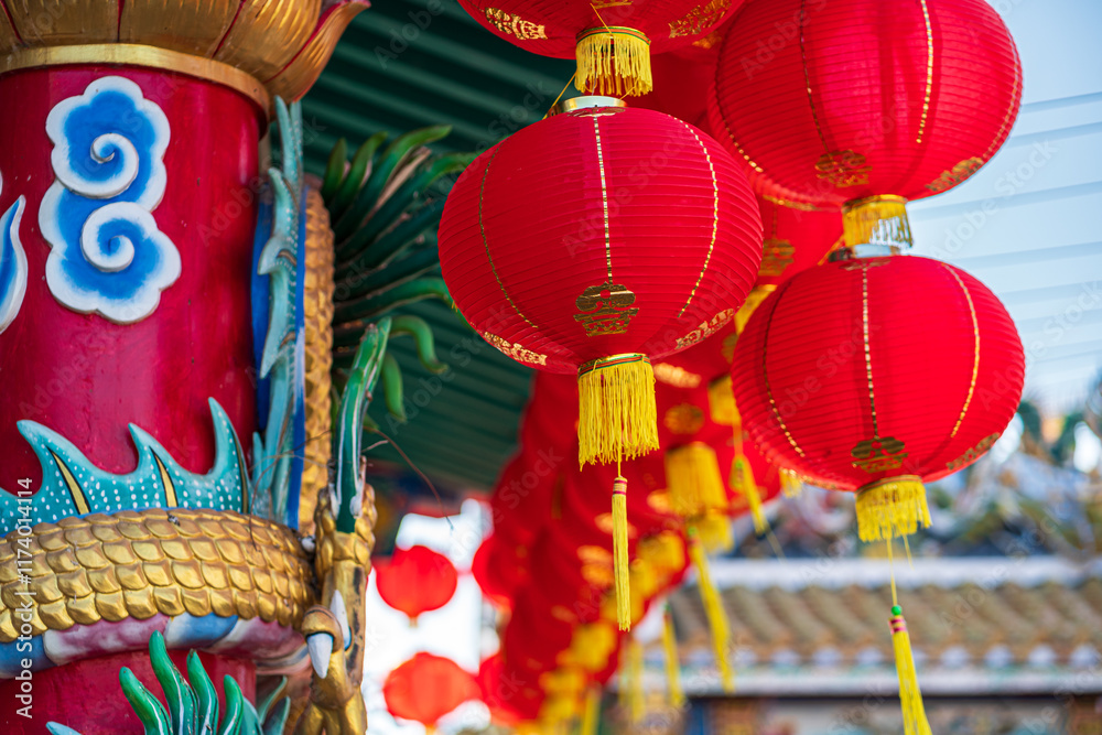 red lantern decoration for Chinese New Year Festival at Chinese shrine Ancient chinese art with the Chinese alphabet Blessings written on it Is a Fortune blessing compliment,Is a public place Thailand