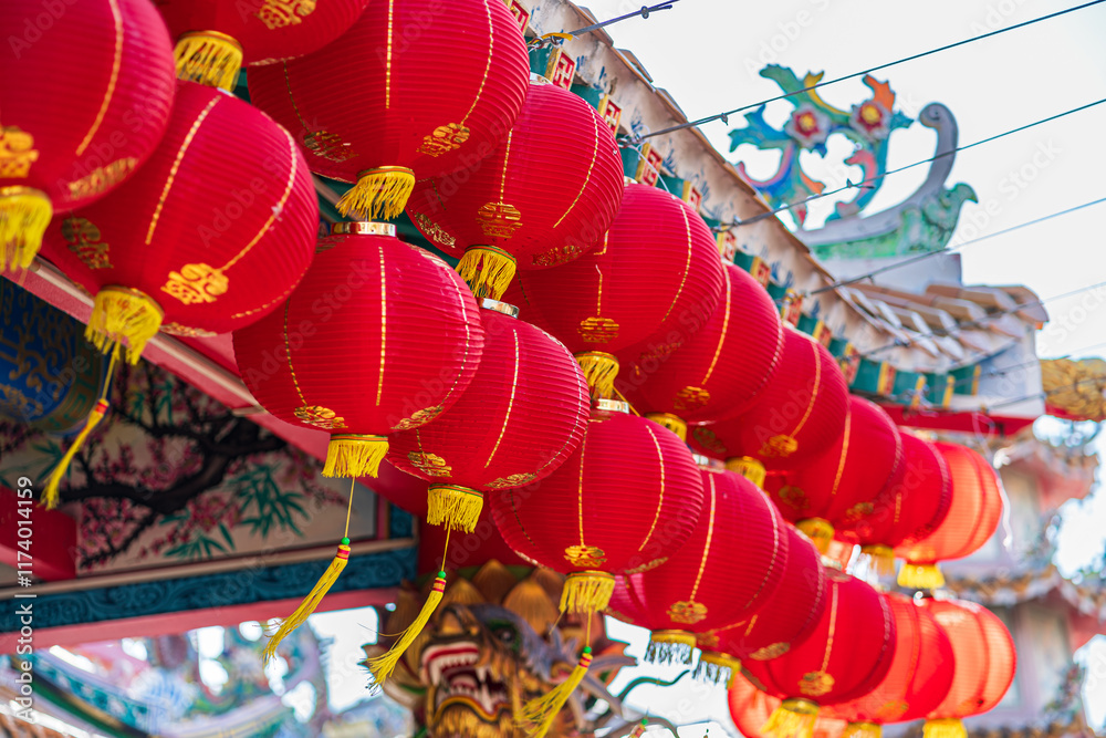 red lantern decoration for Chinese New Year Festival at Chinese shrine Ancient chinese art with the Chinese alphabet Blessings written on it Is a Fortune blessing compliment,Is a public place Thailand