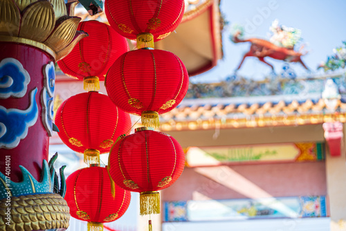 Obraz na płótnie red lantern decoration for Chinese New Year Festival at Chinese shrine Ancient chinese art with the Chinese alphabet Blessings written on it Is a Fortune blessing compliment,Is a public place Thailand w salonie