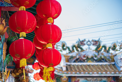 Obraz na płótnie red lantern decoration for Chinese New Year Festival at Chinese shrine Ancient chinese art with the Chinese alphabet Blessings written on it Is a Fortune blessing compliment,Is a public place Thailand w salonie