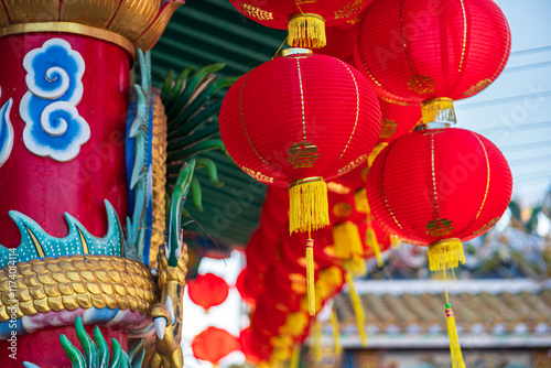 Obraz na płótnie red lantern decoration for Chinese New Year Festival at Chinese shrine Ancient chinese art with the Chinese alphabet Blessings written on it Is a Fortune blessing compliment,Is a public place Thailand w salonie
