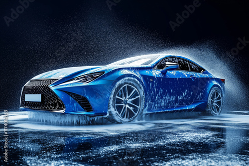 modern stylish car in foam on a car wash on dark background with copy space. car care banner with place for text minimalism. no people. self-service car wash