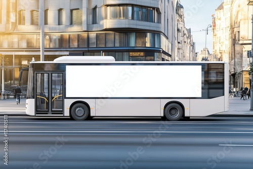 side view of the bus in the street with white mockup placment for branding or advertising