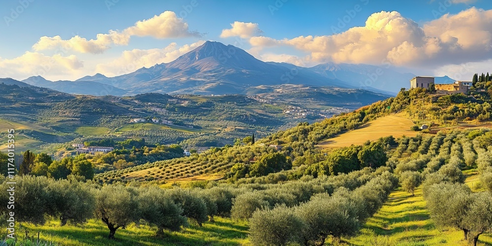 Obraz premium Beautiful countryside landscape featuring olive trees, capturing the tranquility of rural life. Ideal for wall art, home decoration, and nature-themed interior design.