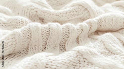 Close-up of textured, cream-colored knitted fabric.