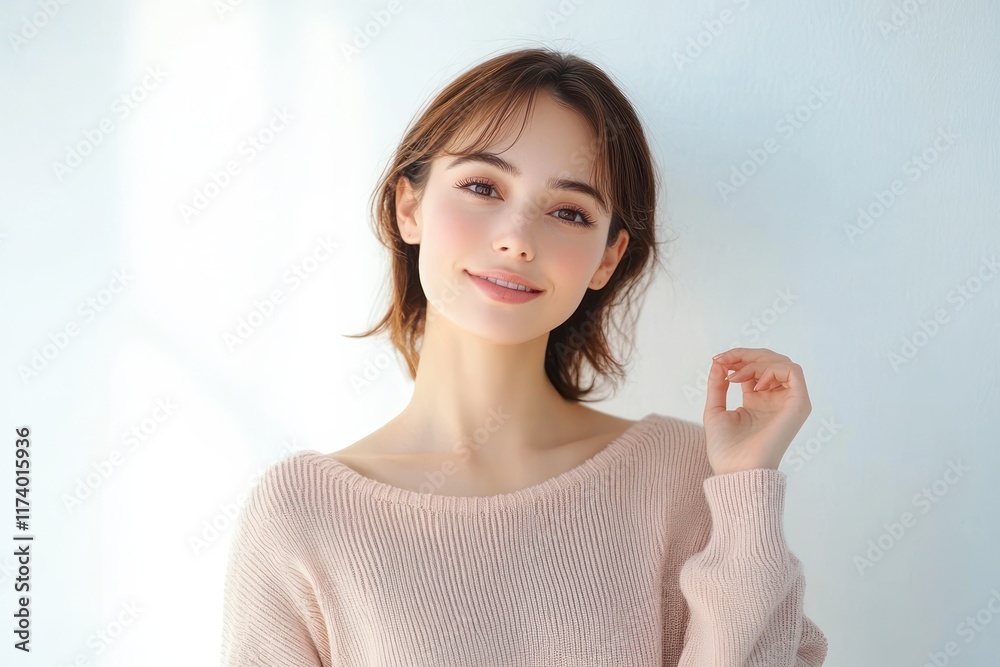 Woman in Soft Pink Sweater Illuminated by Natural Light Minimalist Portrait Woman in Soft Pink Sweater Illuminated by Natural Light Minimalist Portrait