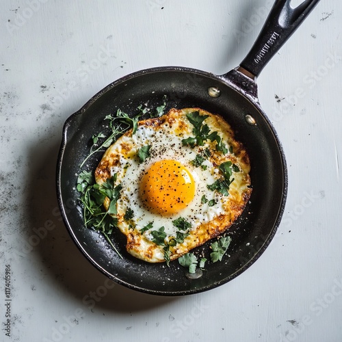 Fried eggs in a frying pan isolated on a white background, showcasing a delicious and classic breakfast dish. Perfect for food photography, menu designs, and culinary content.