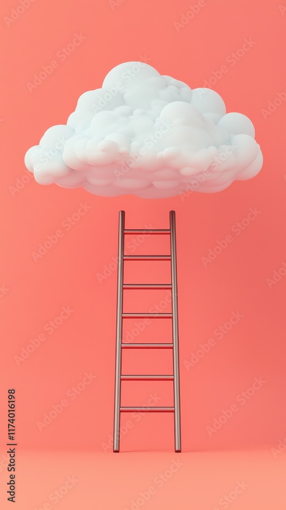 A silver ladder leans against a fluffy white cloud on a coral backdrop, symbolizing aspirations and the journey to reach new heights. A silver ladder leans against a fluffy white cloud on a coral backdrop, symbolizing aspirations and the journey to reach new heights.