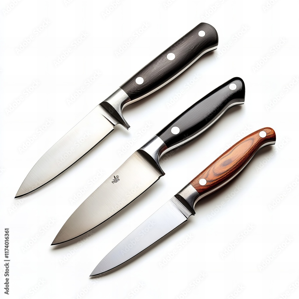 Obraz premium A set of kitchen knives isolated on a white background, showcasing sharp blades and sleek design. Perfect for culinary presentations, product advertising, and kitchenware promotions.