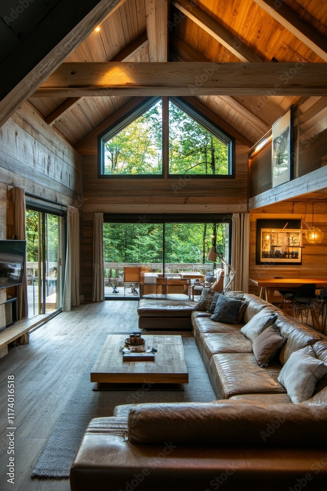 Wooden cabin interior, large windows, leather sofa.