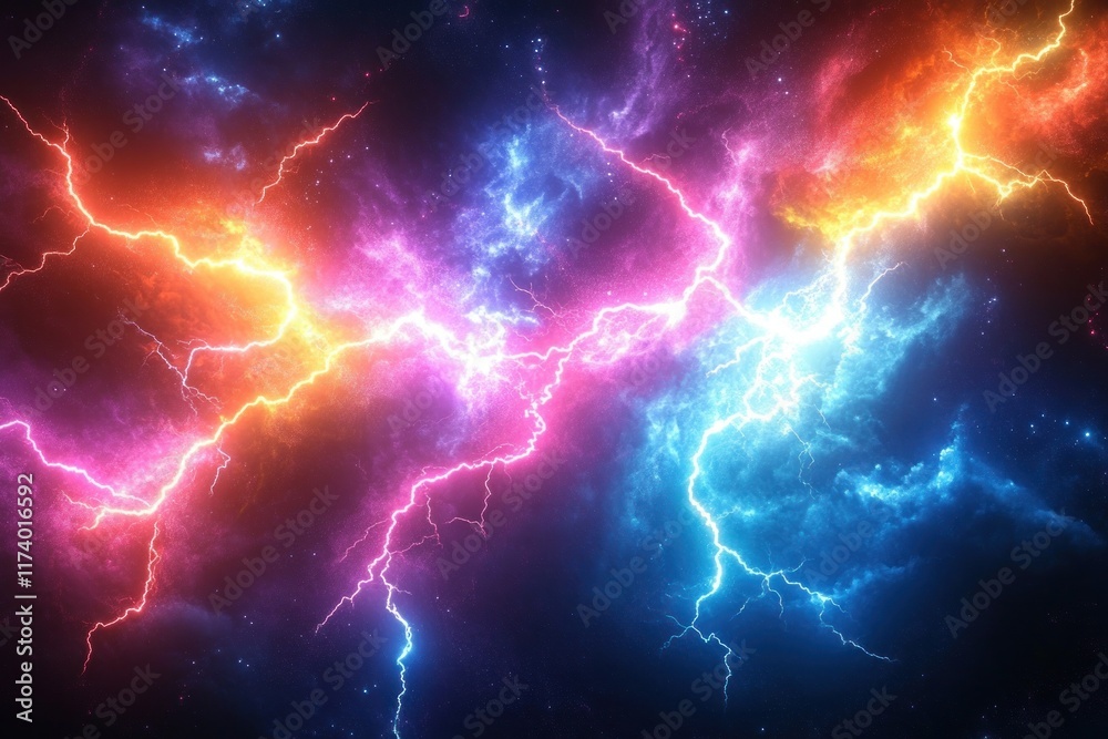 Vibrant Cosmic Storm Featuring Neon Lightning Patterns and Chiaroscuro Lighting Effect Vibrant Cosmic Storm Featuring Neon Lightning Patterns and Chiaroscuro Lighting Effect