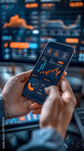 Wallpaper Mural Hands Holding Smartphone with Financial Analytics on Screen. Torontodigital.ca