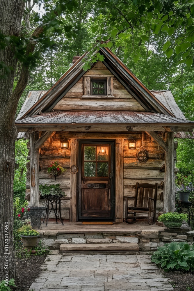 Naklejka premium Rustic log cabin, porch, stone path, lush greenery.