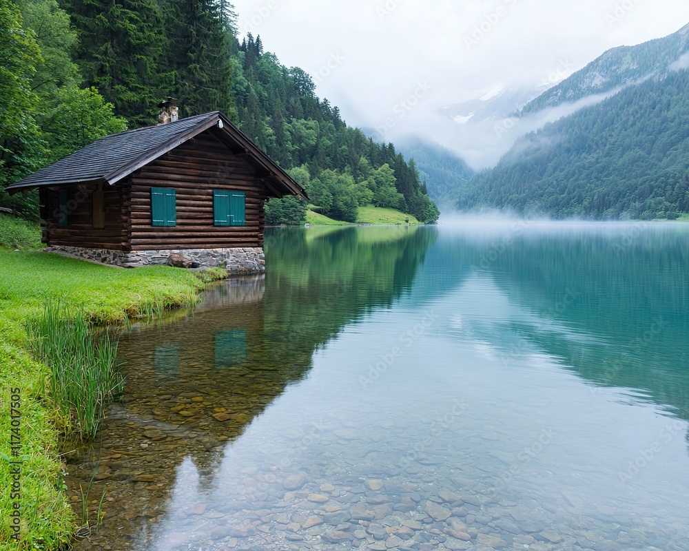 Fototapeta premium Remote Lakeside Cabins with Scenic Nature Views, a realistic photo capturing a rustic cabin on the edge of a tranquil lake, surrounded by misty mountains and reflected in crystal-clear water