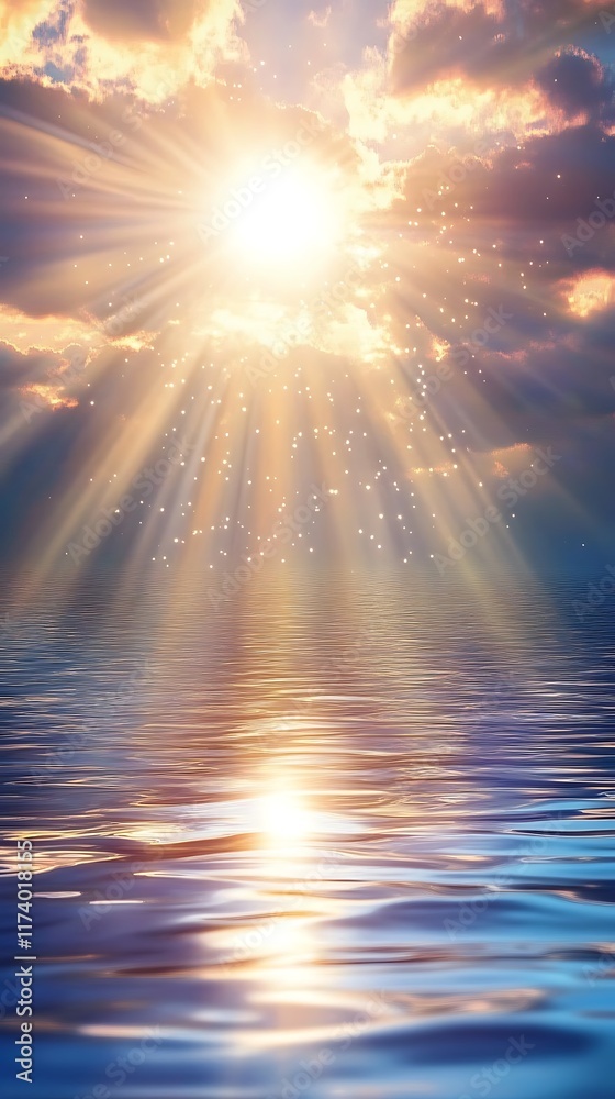 Fototapeta premium A serene seascape with sunlight breaking through clouds, reflecting on calm waters.