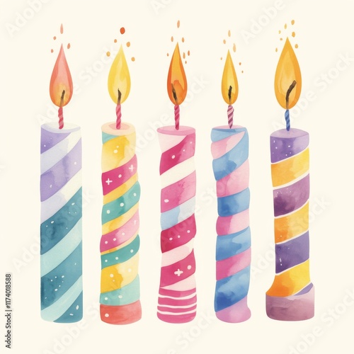 Stylized hand-drawn cartoon watercolor sketch of birthday candles in a row