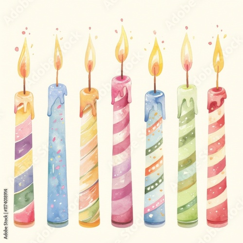 Stylized hand-drawn cartoon watercolor sketch of birthday candles in a row