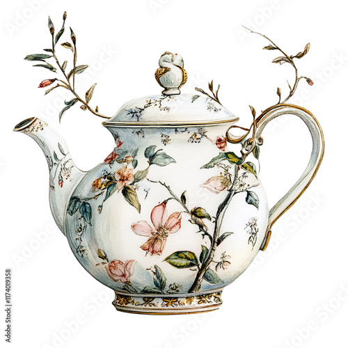 watercolor teapot Bridgerton style white background